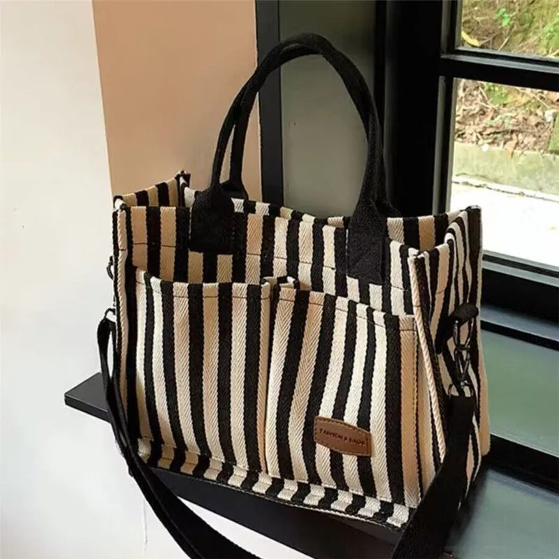 Trendy Striped Canvas Shoulder Bag