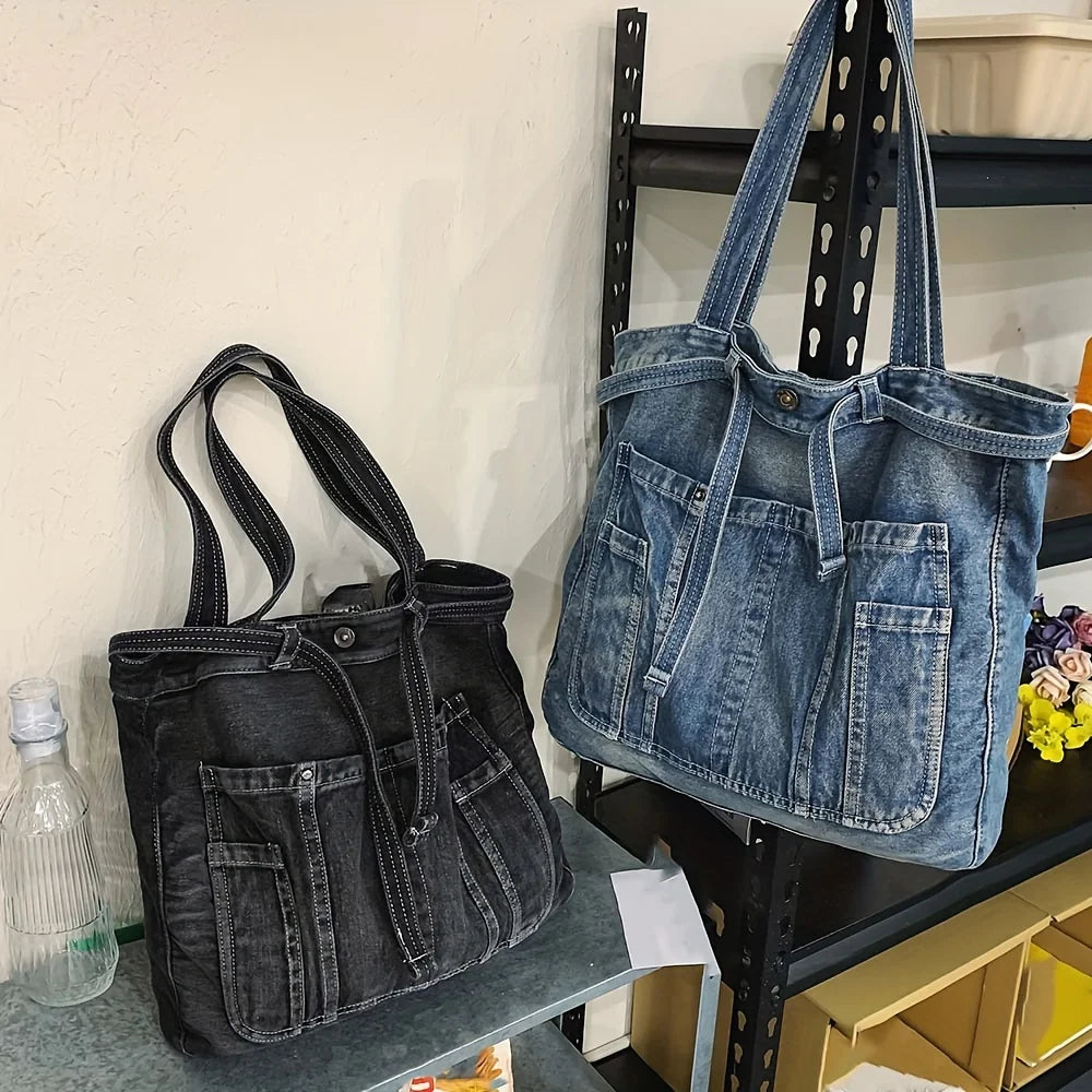 Casual Canvas & Denim Shoulder Tote – Large Capacity Underarm Handbag for Women’s Daily Style