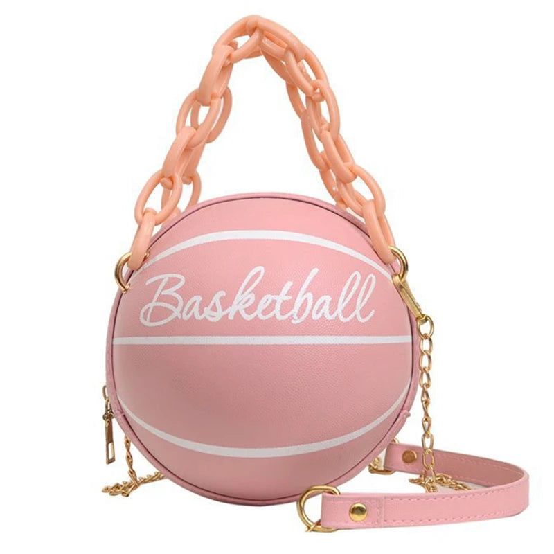 Basketball-Inspired Circular Crossbody Bag – PU Leather Shoulder Purse with Chain Accent