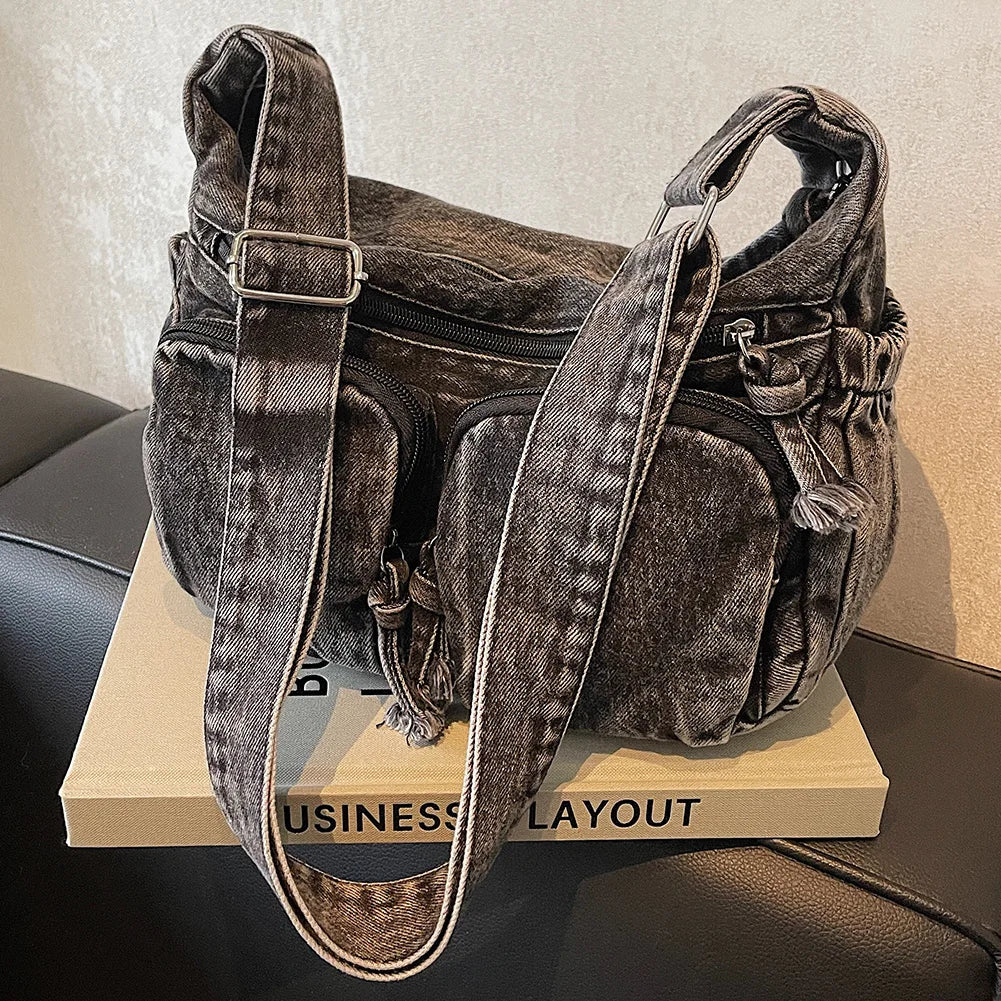 Denim Tote Bag for Women Casual Adjustable Shoulder Handbag Crossbody Bag Retro Zipper Hobo Purse For Work Shopping Travel