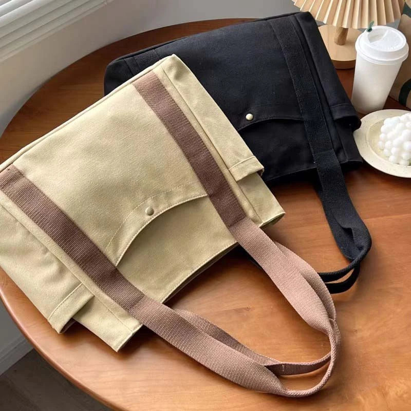 Preppy Canvas Shoulder Satchel – Soft Zipper Tote with Dual Handles for Women