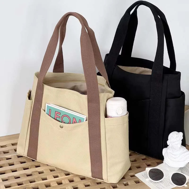 Preppy Canvas Shoulder Satchel – Soft Zipper Tote with Dual Handles for Women
