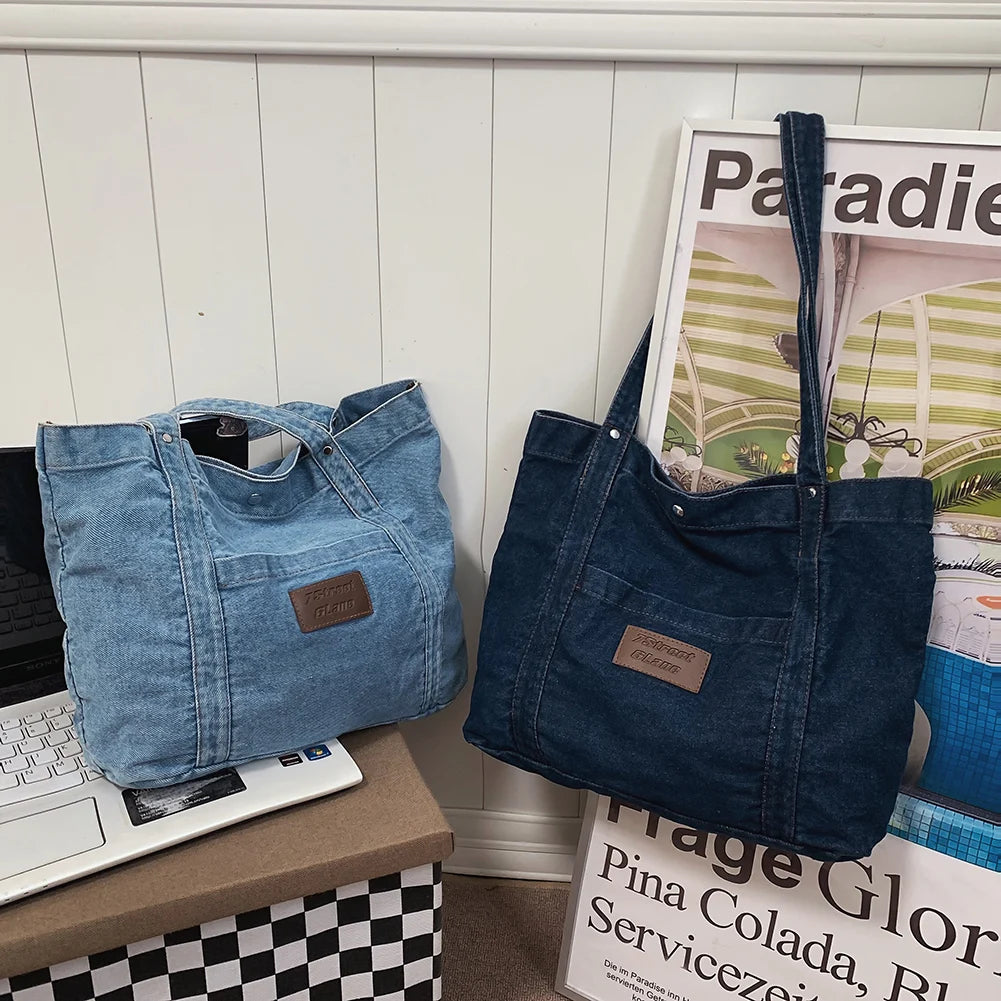 Women Retro Tote Bag Large Capacity Denim Versatile Shopping Bag Solid Color Female Daily Commute Bag
