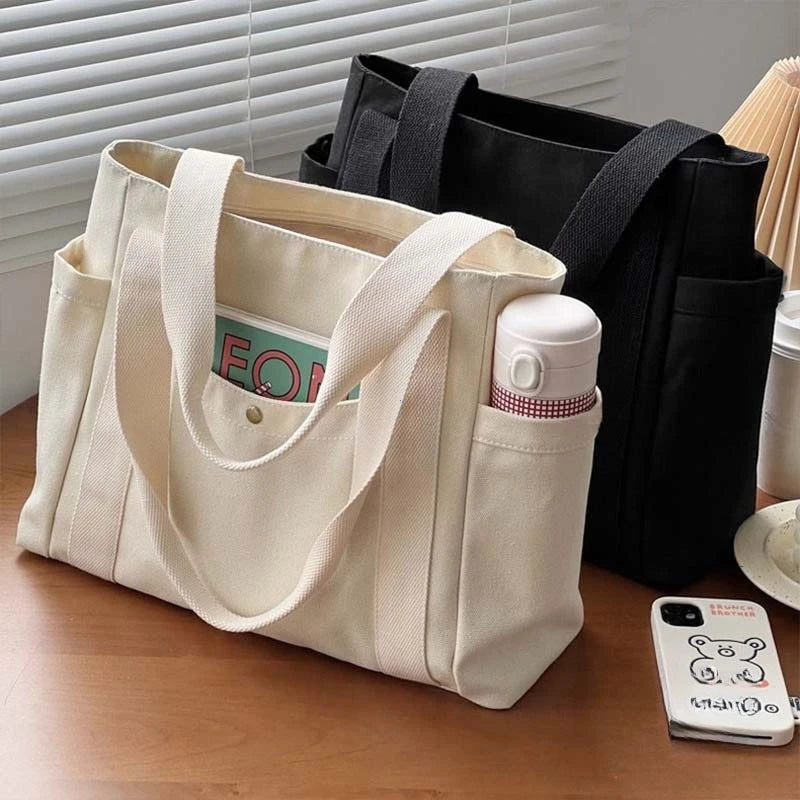Preppy Canvas Shoulder Satchel – Soft Zipper Tote with Dual Handles for Women