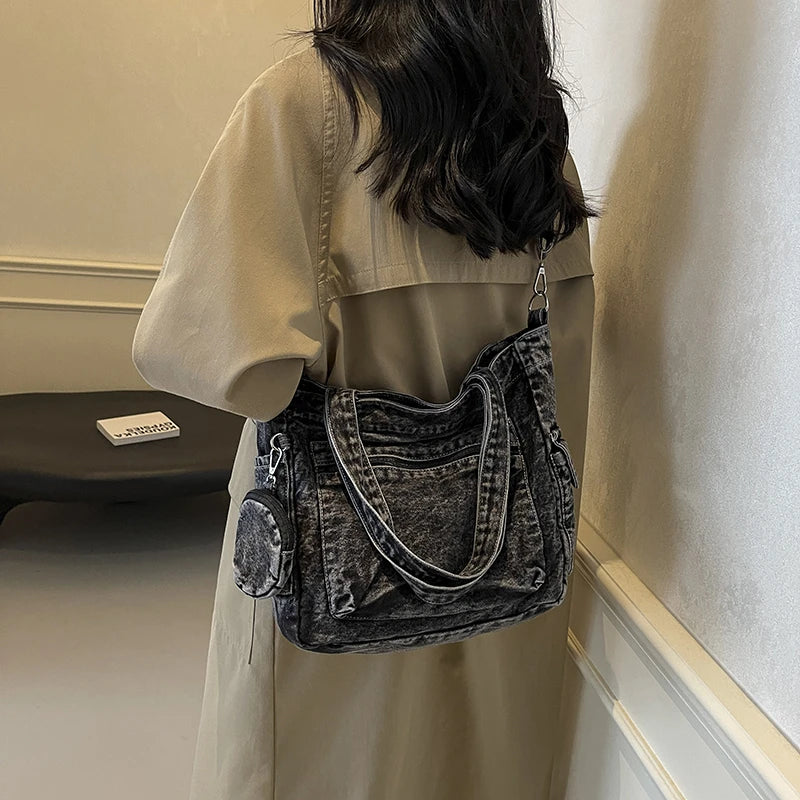 Denim Tote Bag 2024 Autumn New High-capacity Leisure Fashion Practical Versatile Commute Single Shoulder Crossbody Bag