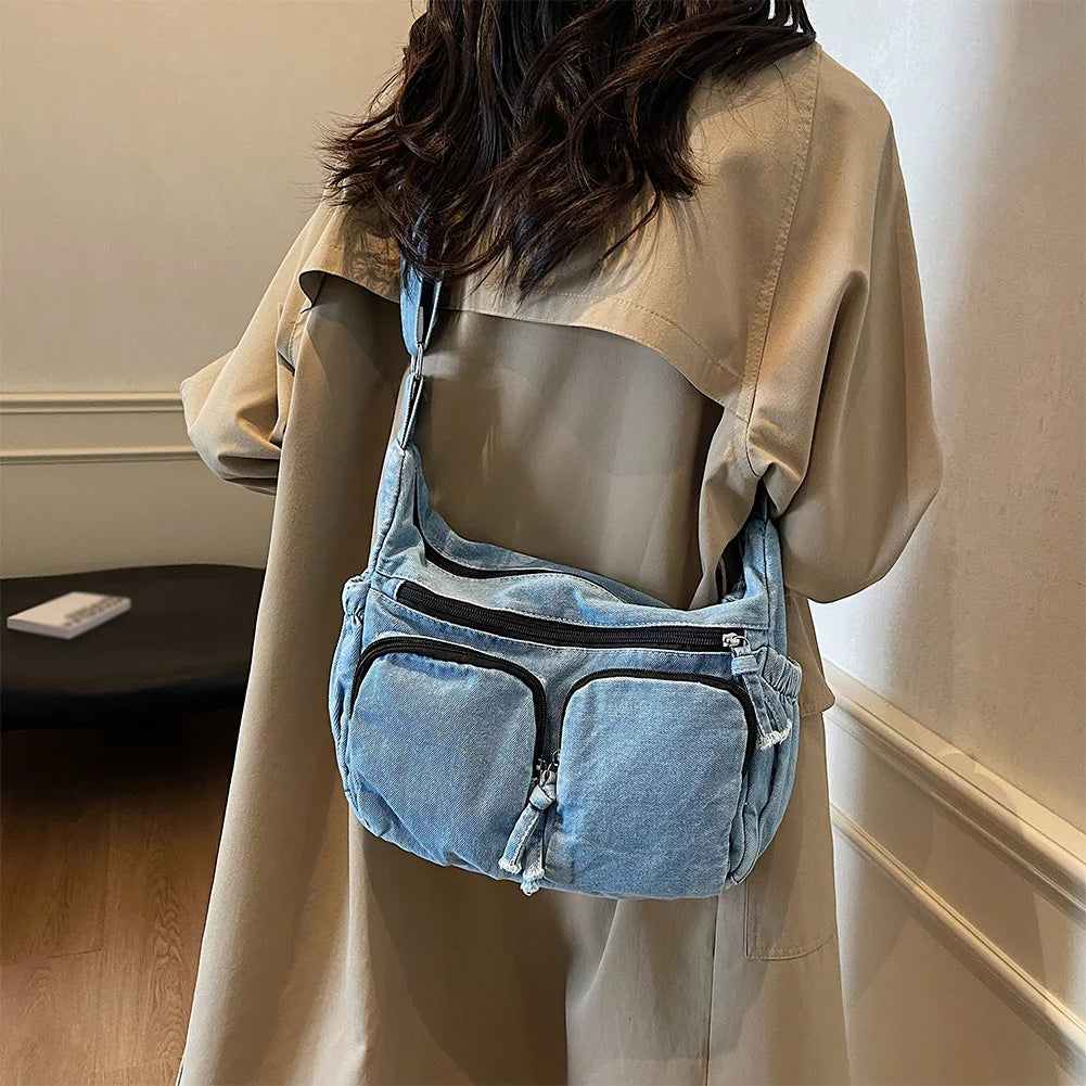 Denim Tote Bag for Women Casual Adjustable Shoulder Handbag Crossbody Bag Retro Zipper Hobo Purse For Work Shopping Travel