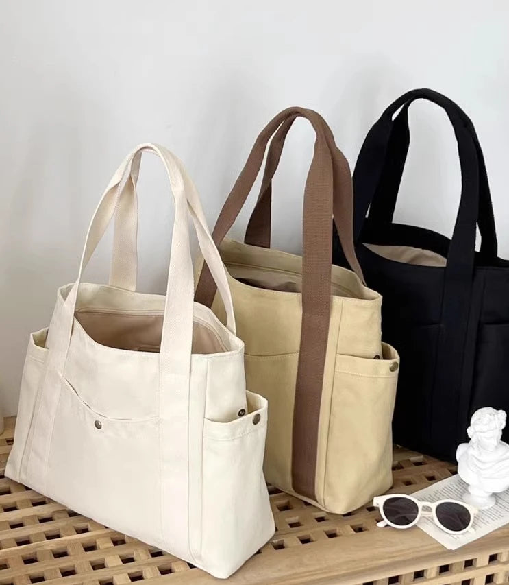 Preppy Canvas Shoulder Satchel – Soft Zipper Tote with Dual Handles for Women