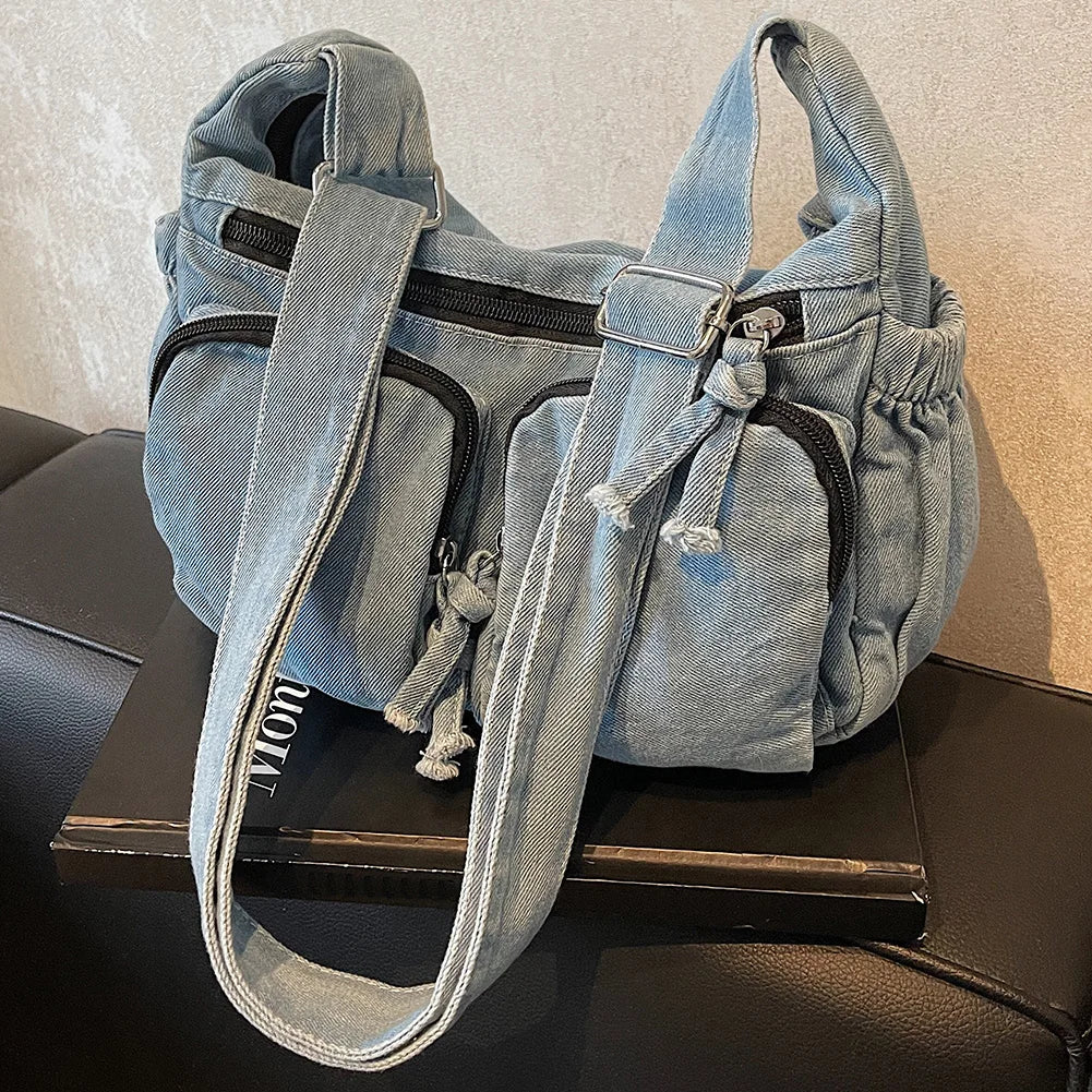 Denim Tote Bag for Women Casual Adjustable Shoulder Handbag Crossbody Bag Retro Zipper Hobo Purse For Work Shopping Travel