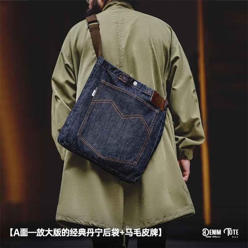 Maden Retro Denim Tote Bag for Men and Women One-shoulder Crossbody Bag Lightning Bear Embroidery Decoration Large Capacity Bag