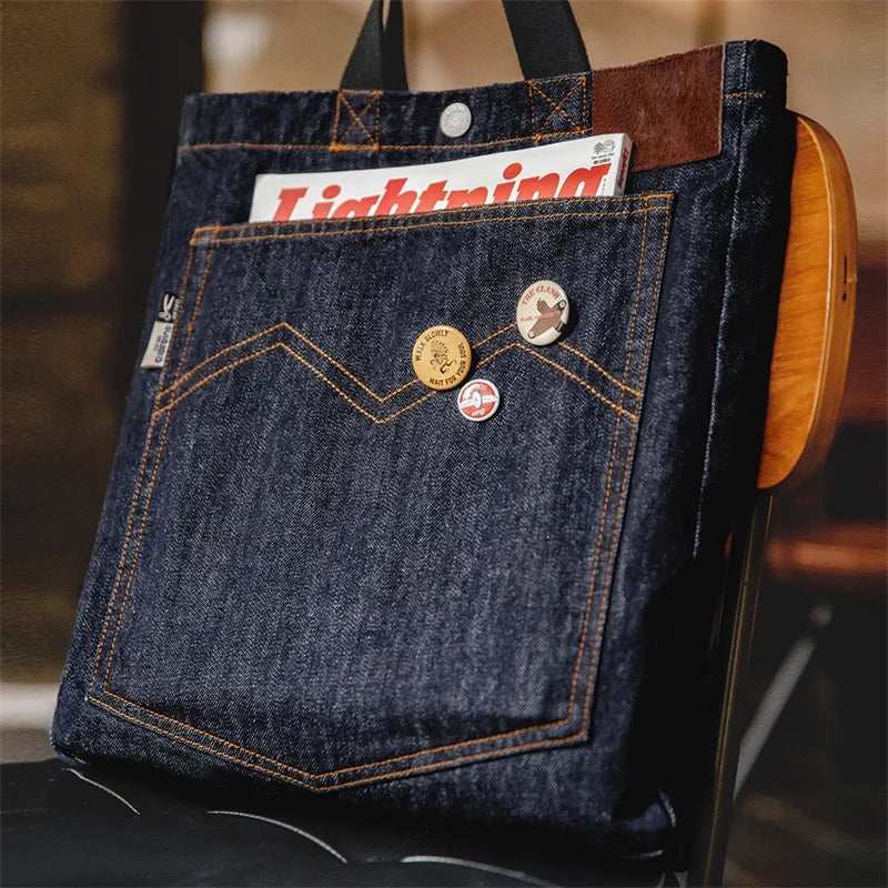 Maden Retro Denim Tote Bag for Men and Women One-shoulder Crossbody Bag Lightning Bear Embroidery Decoration Large Capacity Bag