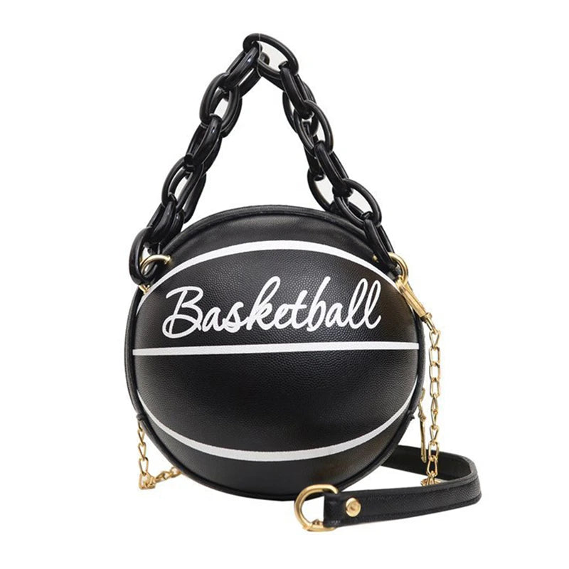 Basketball-Inspired Circular Crossbody Bag – PU Leather Shoulder Purse with Chain Accent