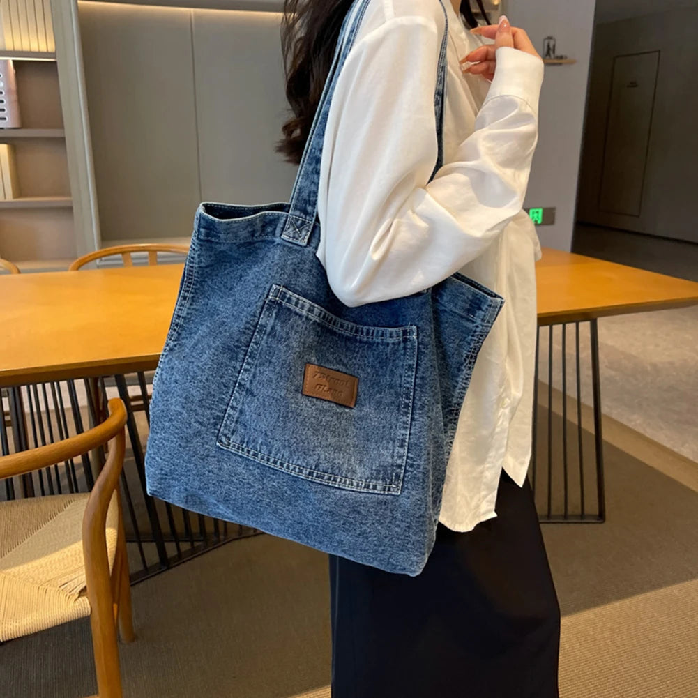 Vintage Denim Shoulder Bag for Women – Soft Tote with Zipper Pocket & Timeless Charm