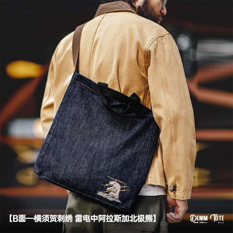 Maden Retro Denim Tote Bag for Men and Women One-shoulder Crossbody Bag Lightning Bear Embroidery Decoration Large Capacity Bag