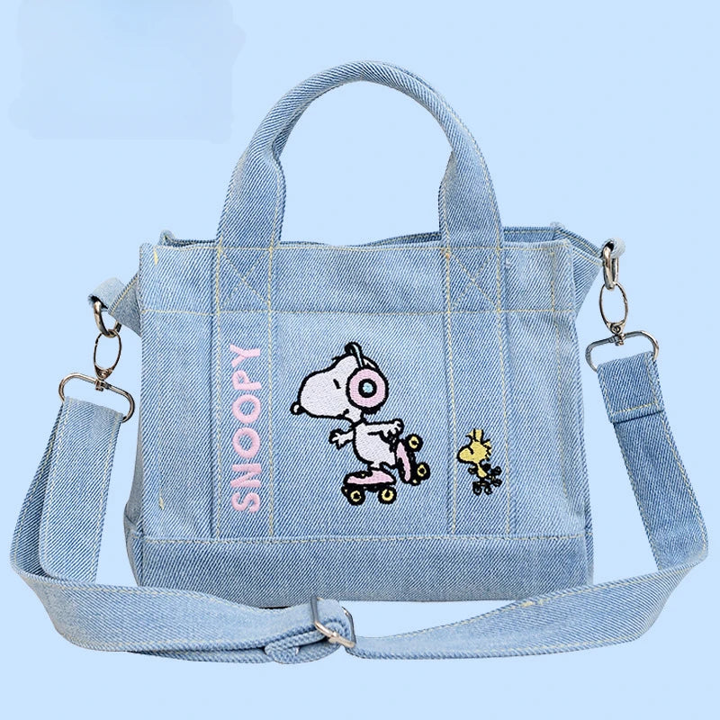 Kawaii Snoopy Denim Tote Bag Cartoon Animation Student Cute Tote Bag Embroidery Lunch Crossbody Bag