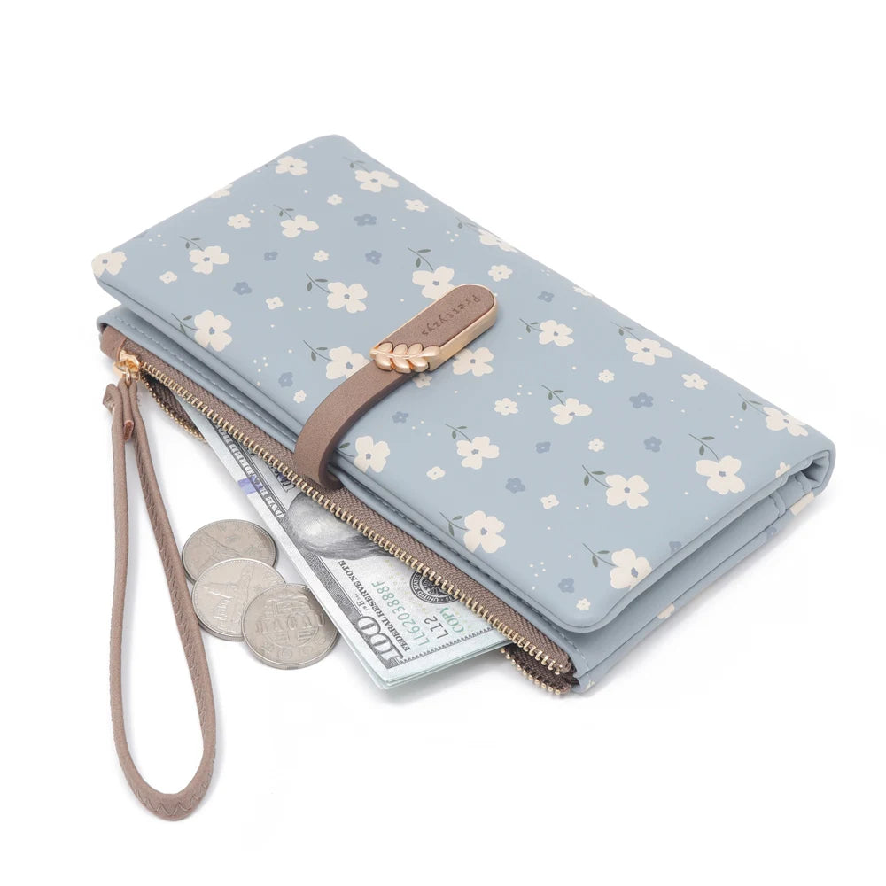 Women’s Long Wallet – Cute Leaf & Flower Pattern Zipper Clutch with Card & Coin Holder