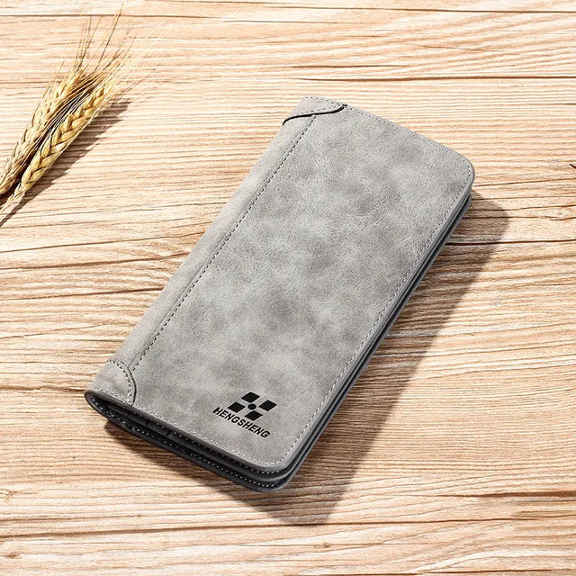 Men’s Vintage Long Wallet – Frosted PU Leather Clutch with Coin Pocket & ID Holder