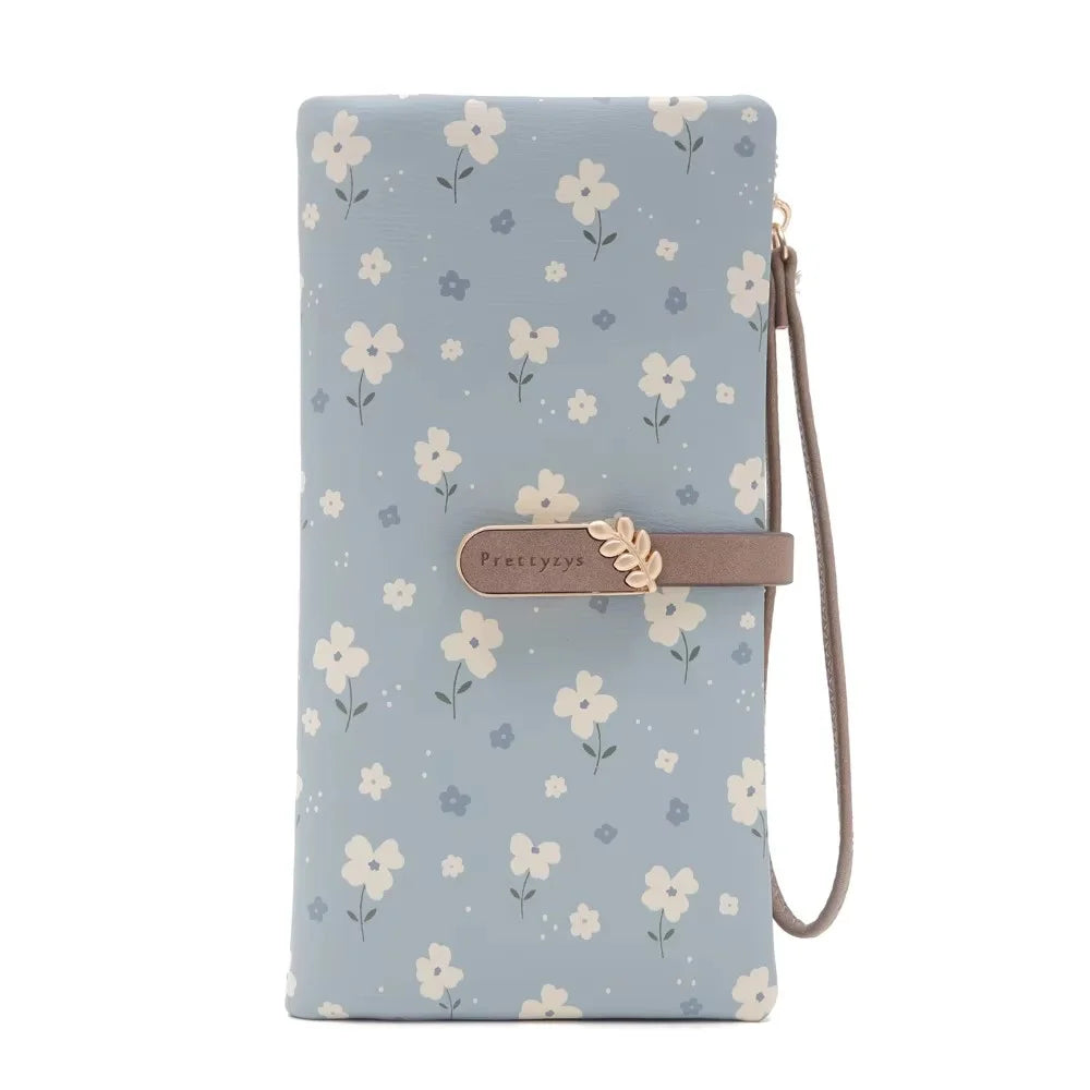Women’s Long Wallet – Cute Leaf & Flower Pattern Zipper Clutch with Card & Coin Holder