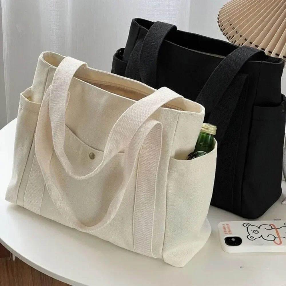 Preppy Canvas Shoulder Satchel – Soft Zipper Tote with Dual Handles for Women