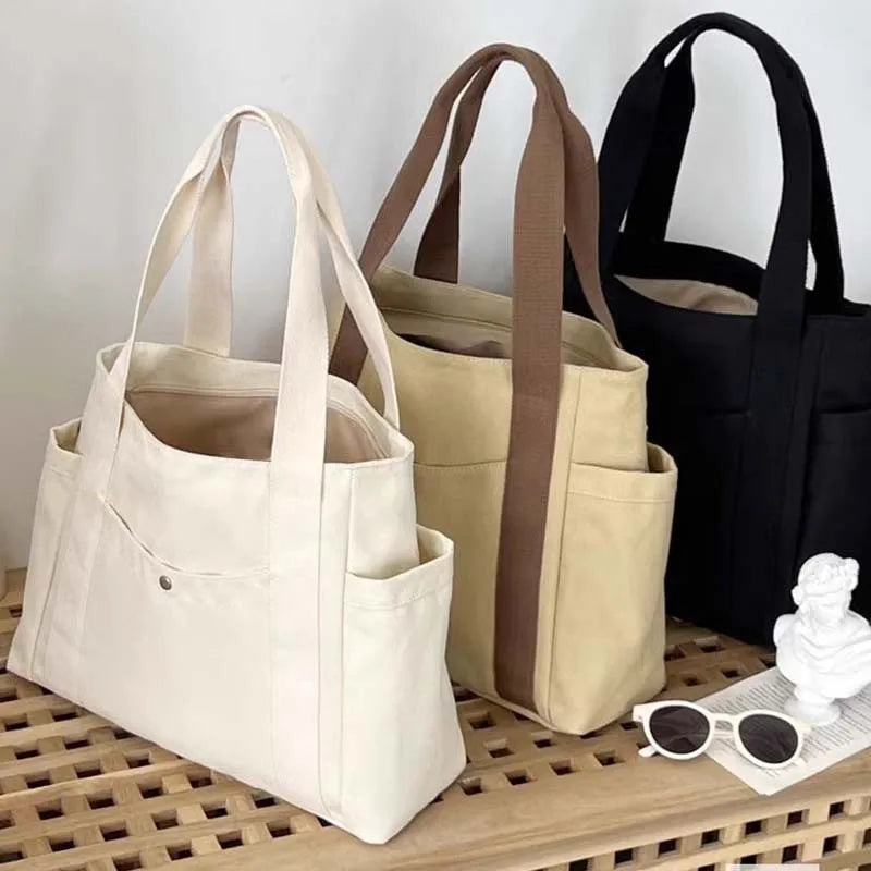 Preppy Canvas Shoulder Satchel – Soft Zipper Tote with Dual Handles for Women