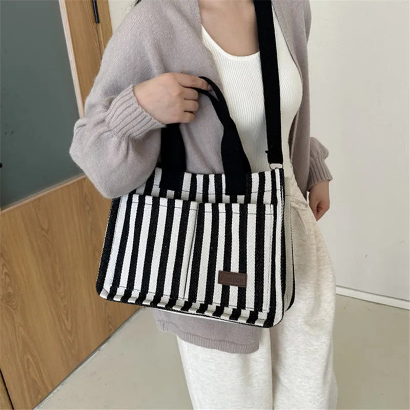 Trendy Striped Canvas Shoulder Bag