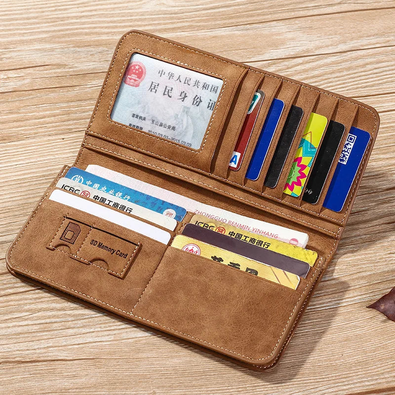 Men’s Vintage Long Wallet – Frosted PU Leather Clutch with Coin Pocket & ID Holder