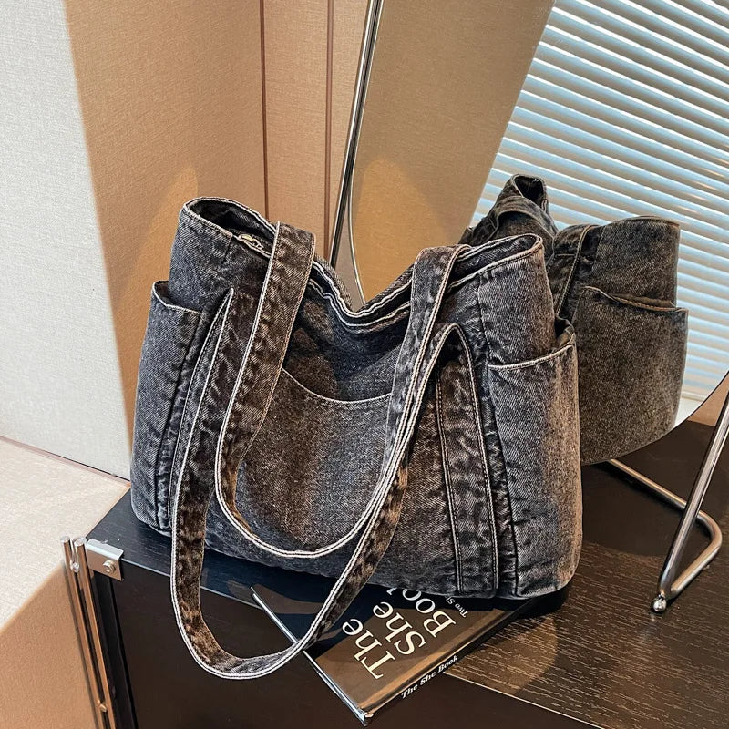 Korean style large capacity water washed denim tote bag for women, commuter handbag, single shoulder armpit bag