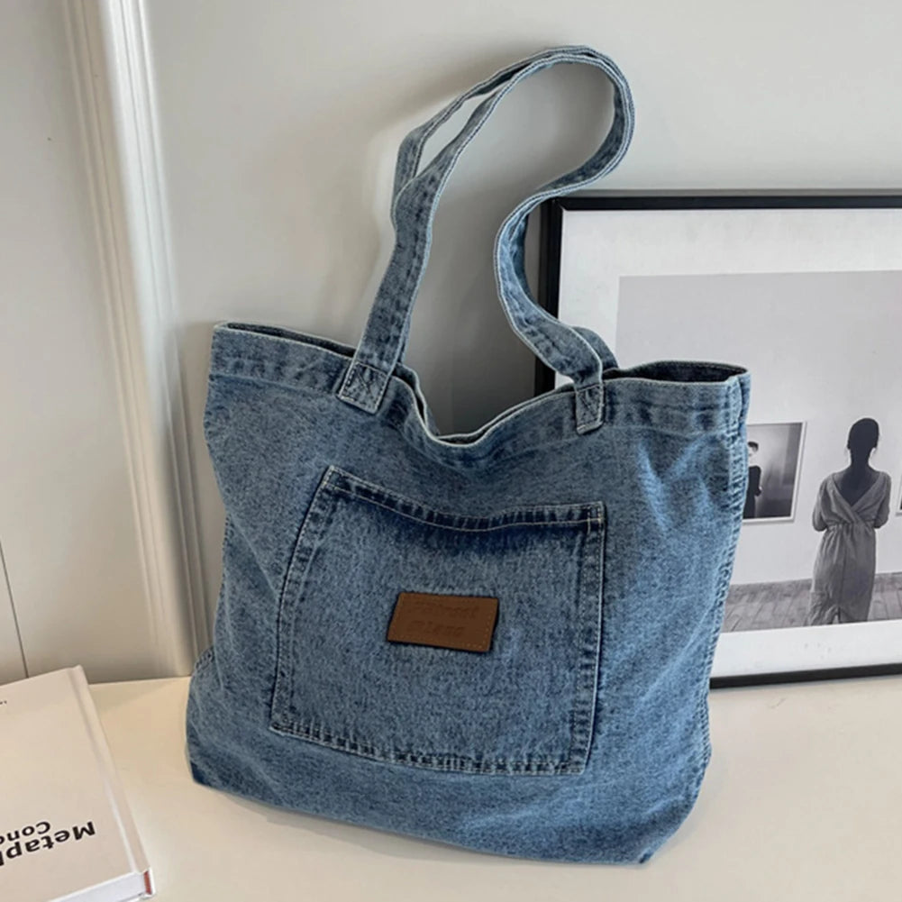 Vintage Denim Shoulder Bag for Women – Soft Tote with Hasp Closure & Zipper Pocket