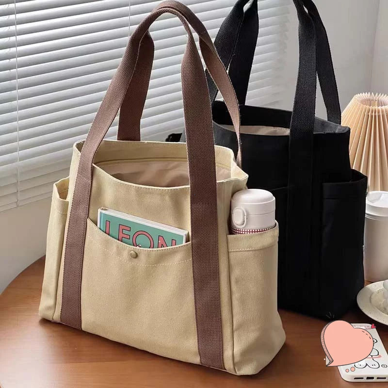 Preppy Canvas Shoulder Satchel – Soft Zipper Tote with Dual Handles for Women