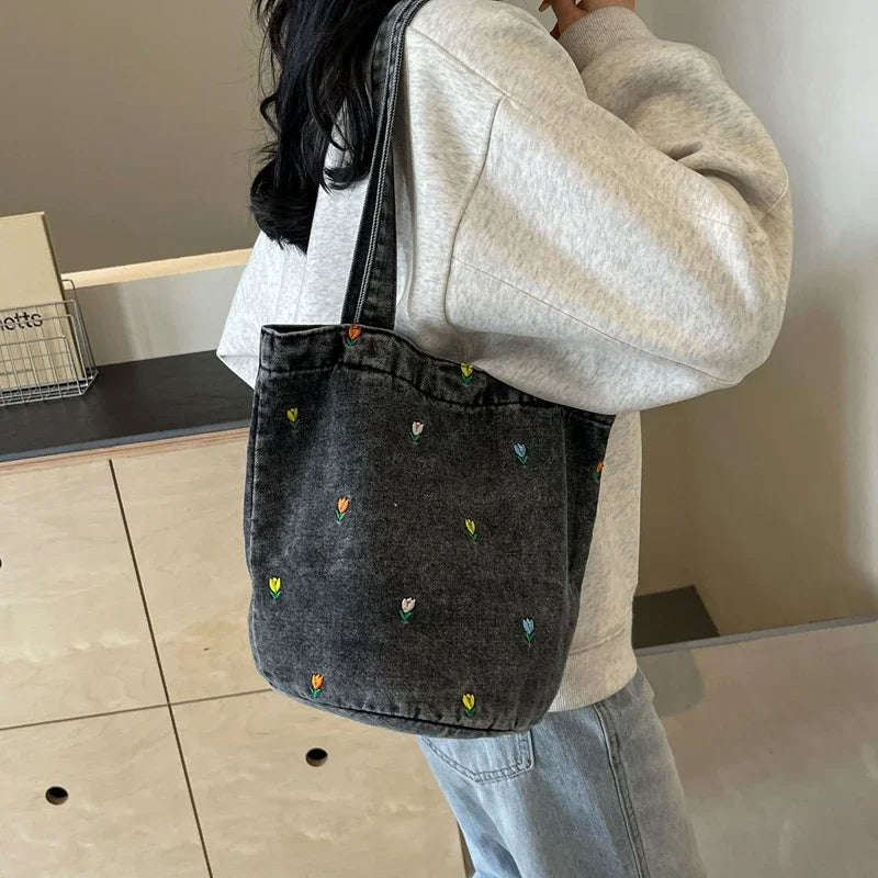 Floral Embroidered Denim Shoulder Bag – Soft Vintage Tote for Effortless Everyday Chic