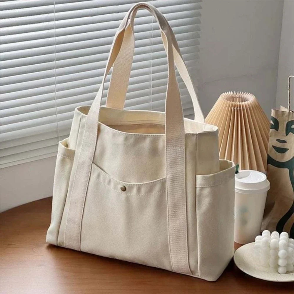 Preppy Canvas Shoulder Satchel – Soft Zipper Tote with Dual Handles for Women