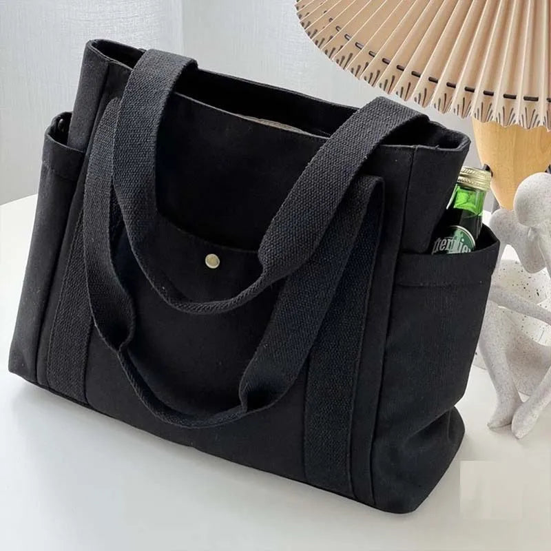 Preppy Canvas Shoulder Satchel – Soft Zipper Tote with Dual Handles for Women