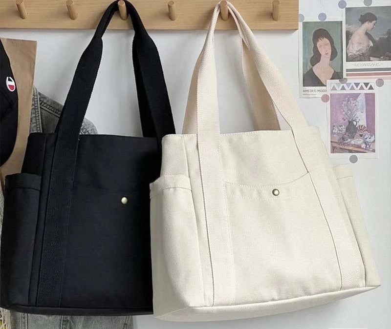 Preppy Canvas Shoulder Satchel – Soft Zipper Tote with Dual Handles for Women