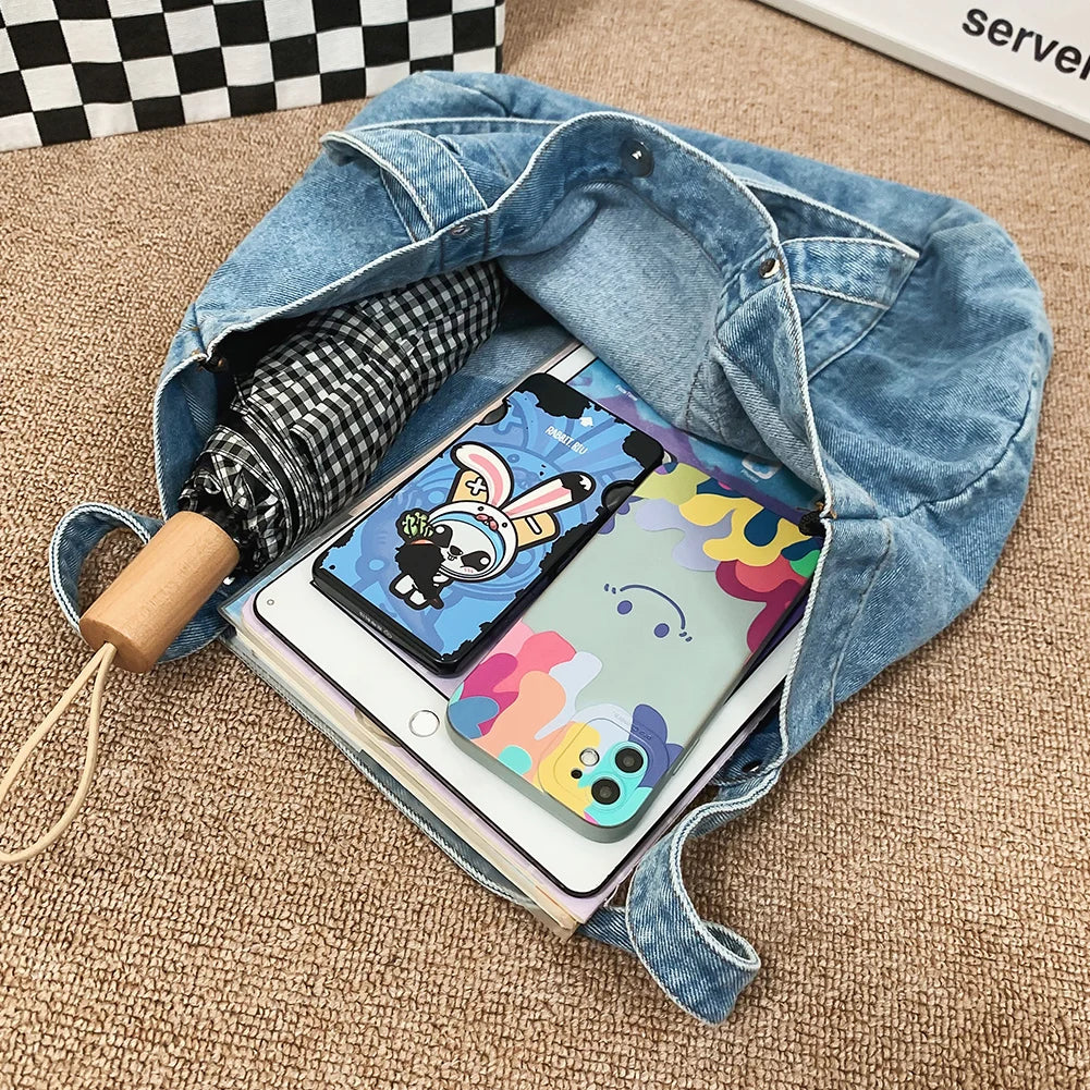 Women Retro Tote Bag Large Capacity Denim Versatile Shopping Bag Solid Color Female Daily Commute Bag