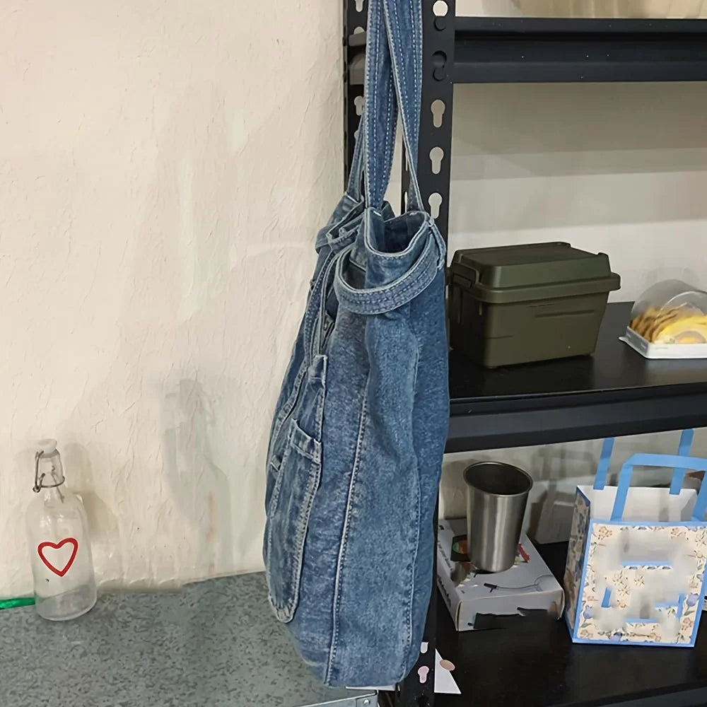 Casual Canvas & Denim Shoulder Tote – Large Capacity Underarm Handbag for Women’s Daily Style