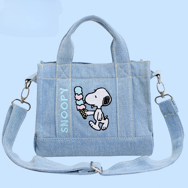 Kawaii Snoopy Denim Tote Bag Cartoon Animation Student Cute Tote Bag Embroidery Lunch Crossbody Bag
