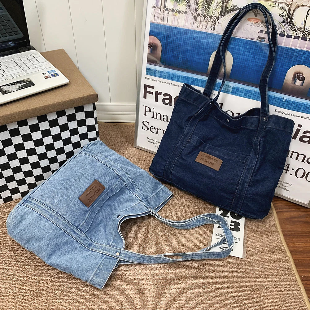 Women Retro Tote Bag Large Capacity Denim Versatile Shopping Bag Solid Color Female Daily Commute Bag
