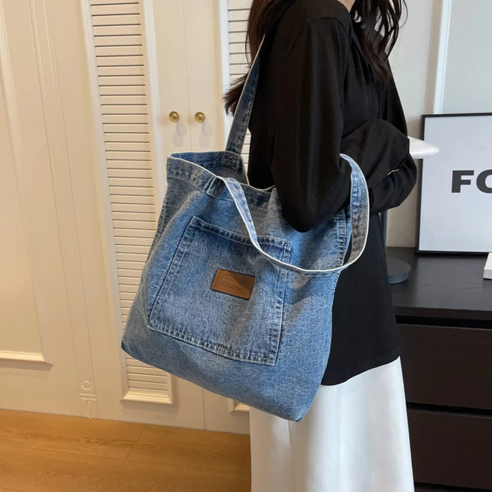 Vintage Denim Shoulder Bag for Women – Soft Tote with Zipper Pocket & Timeless Charm