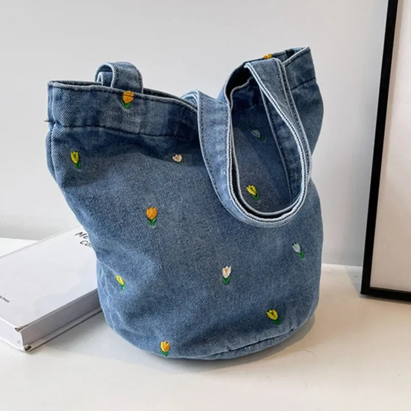 Floral Embroidered Denim Shoulder Bag – Soft Vintage Tote for Effortless Everyday Chic