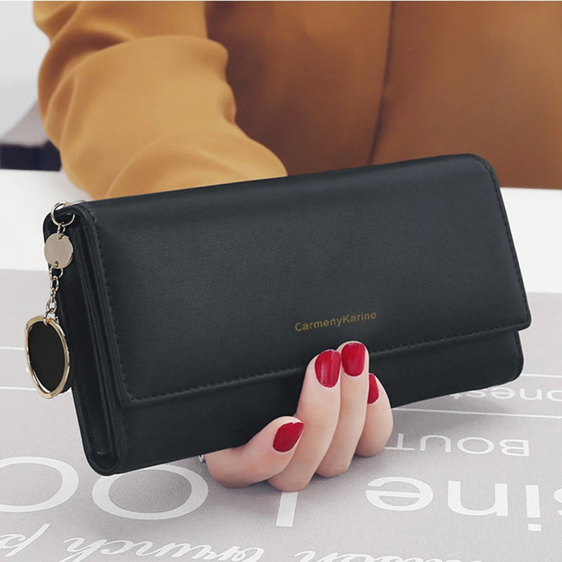 Women’s Long Tri-Fold Wallet – Fresh PU Leather Clutch with Brand Letter Design & Card Holder