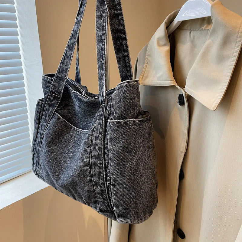 Korean style large capacity water washed denim tote bag for women, commuter handbag, single shoulder armpit bag