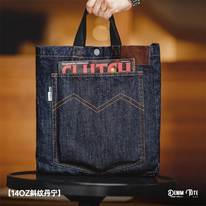 Maden Retro Denim Tote Bag for Men and Women One-shoulder Crossbody Bag Lightning Bear Embroidery Decoration Large Capacity Bag