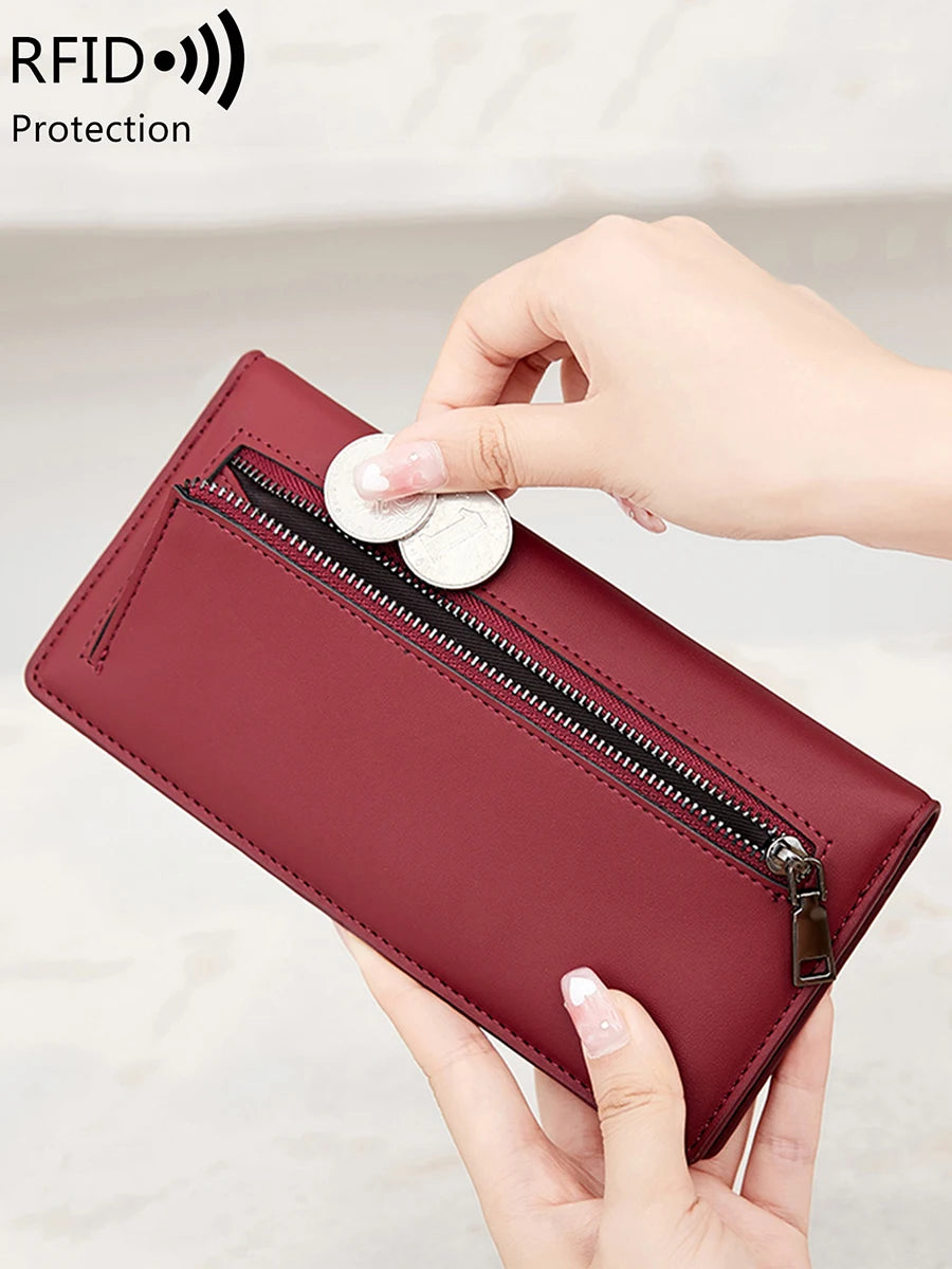 Functional & Compact: Women's Double-Fold Wallet – RFID Coin & Card Organizer with Hand Strap