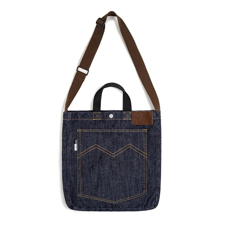 Maden Retro Denim Tote Bag for Men and Women One-shoulder Crossbody Bag Lightning Bear Embroidery Decoration Large Capacity Bag