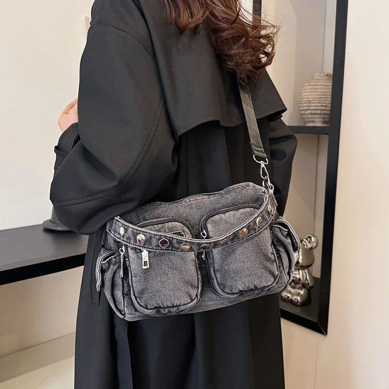 Women’s Vintage Denim Shoulder Bag – Large Tote with Multiple Pockets & Retro Style
