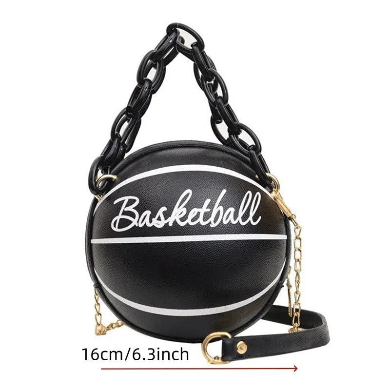 Basketball-Inspired Circular Crossbody Bag – PU Leather Shoulder Purse with Chain Accent