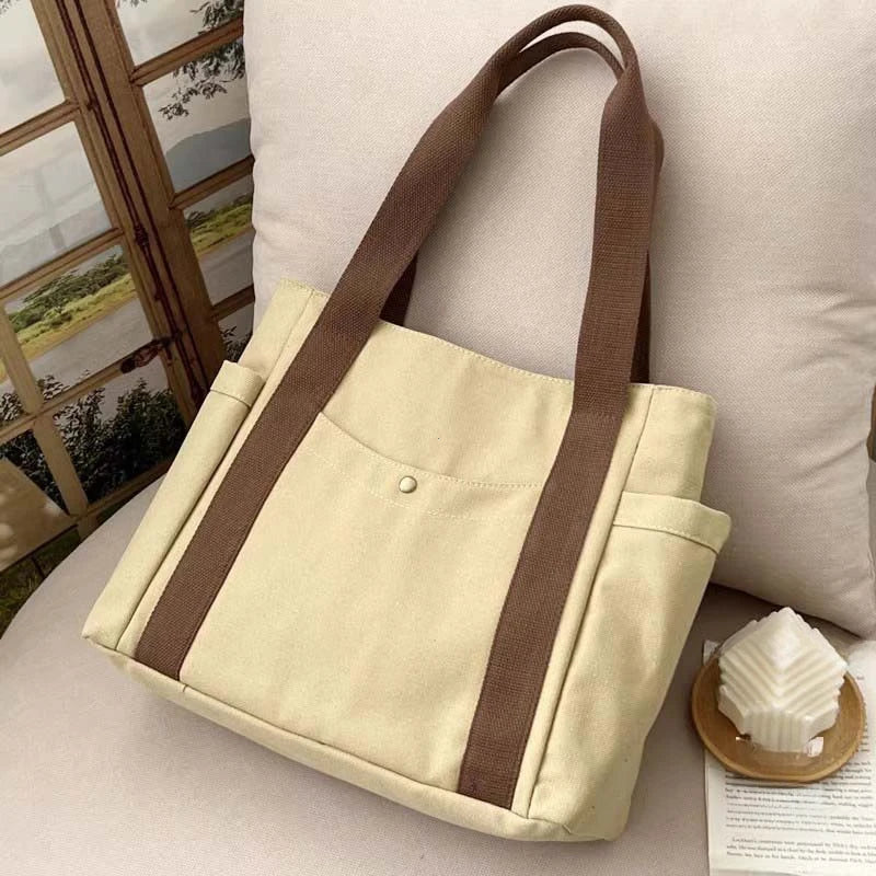 Preppy Canvas Shoulder Satchel – Soft Zipper Tote with Dual Handles for Women