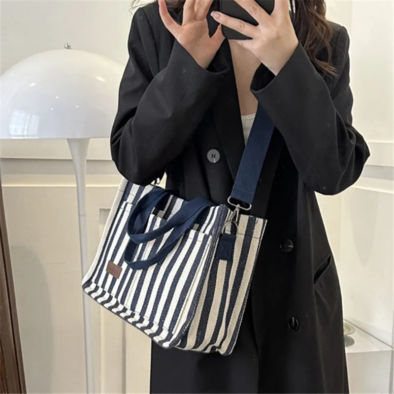 Trendy Striped Canvas Shoulder Bag
