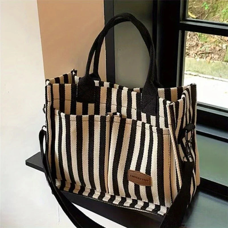 Trendy Striped Canvas Shoulder Bag