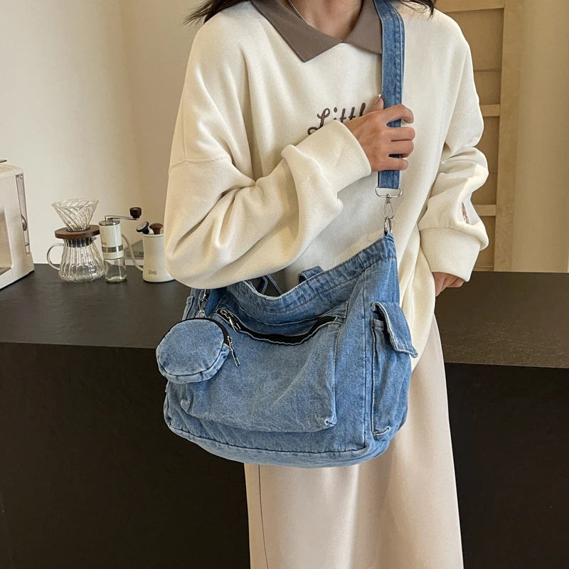 Denim Tote Bag 2024 Autumn New High-capacity Leisure Fashion Practical Versatile Commute Single Shoulder Crossbody Bag