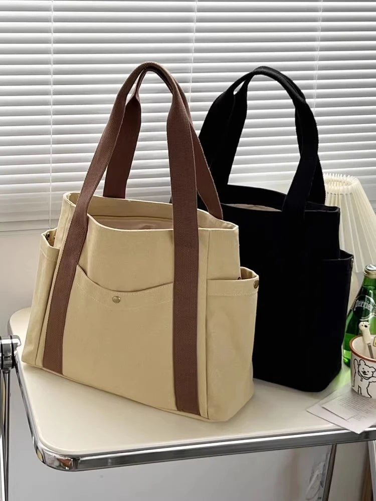 Preppy Canvas Shoulder Satchel – Soft Zipper Tote with Dual Handles for Women